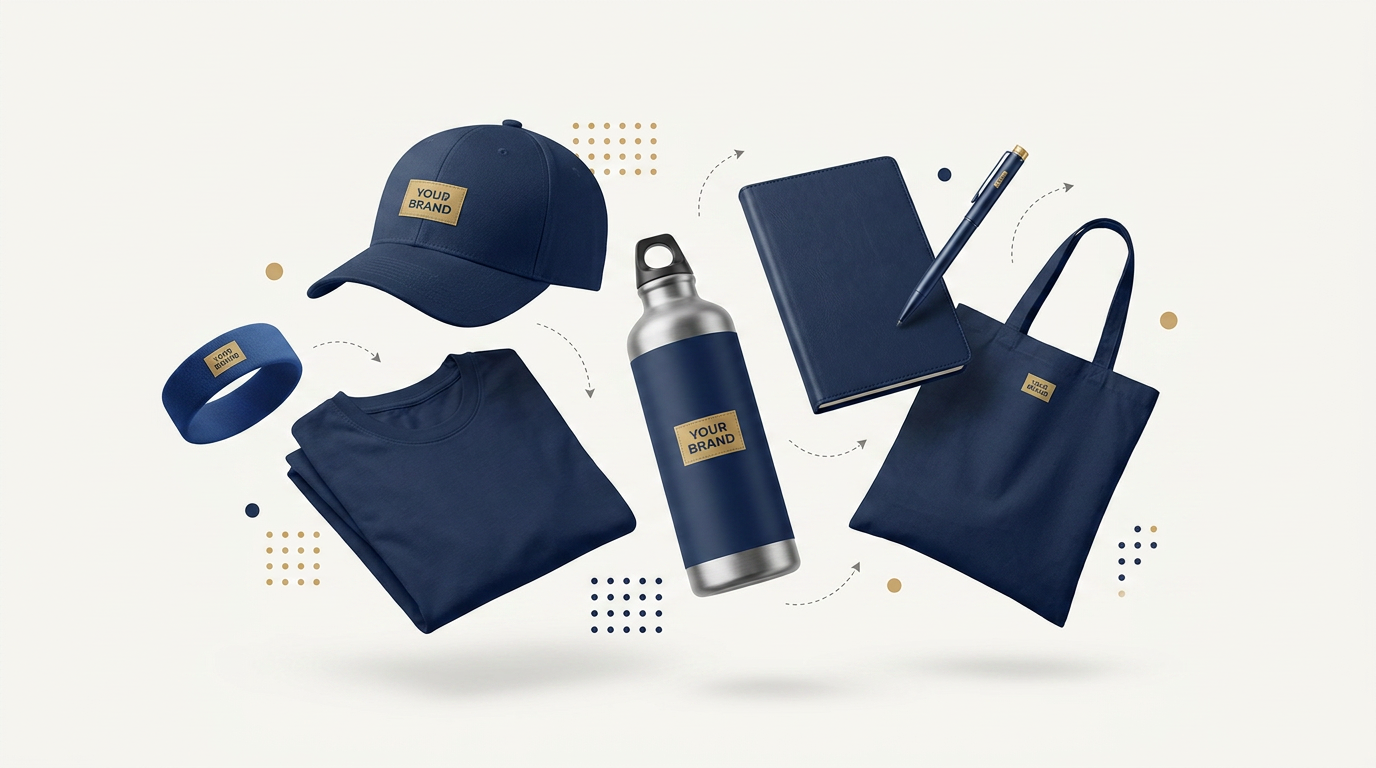 Navy branded promotional products โ cap, t-shirt, drink bottle, notebook, tote bag and pen, each with your logo